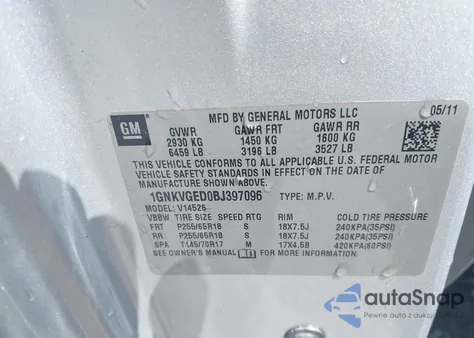 2011 Chevrolet Traverse 1Lt from USA, damaged, VIN 1GNKVGED0BJ397096